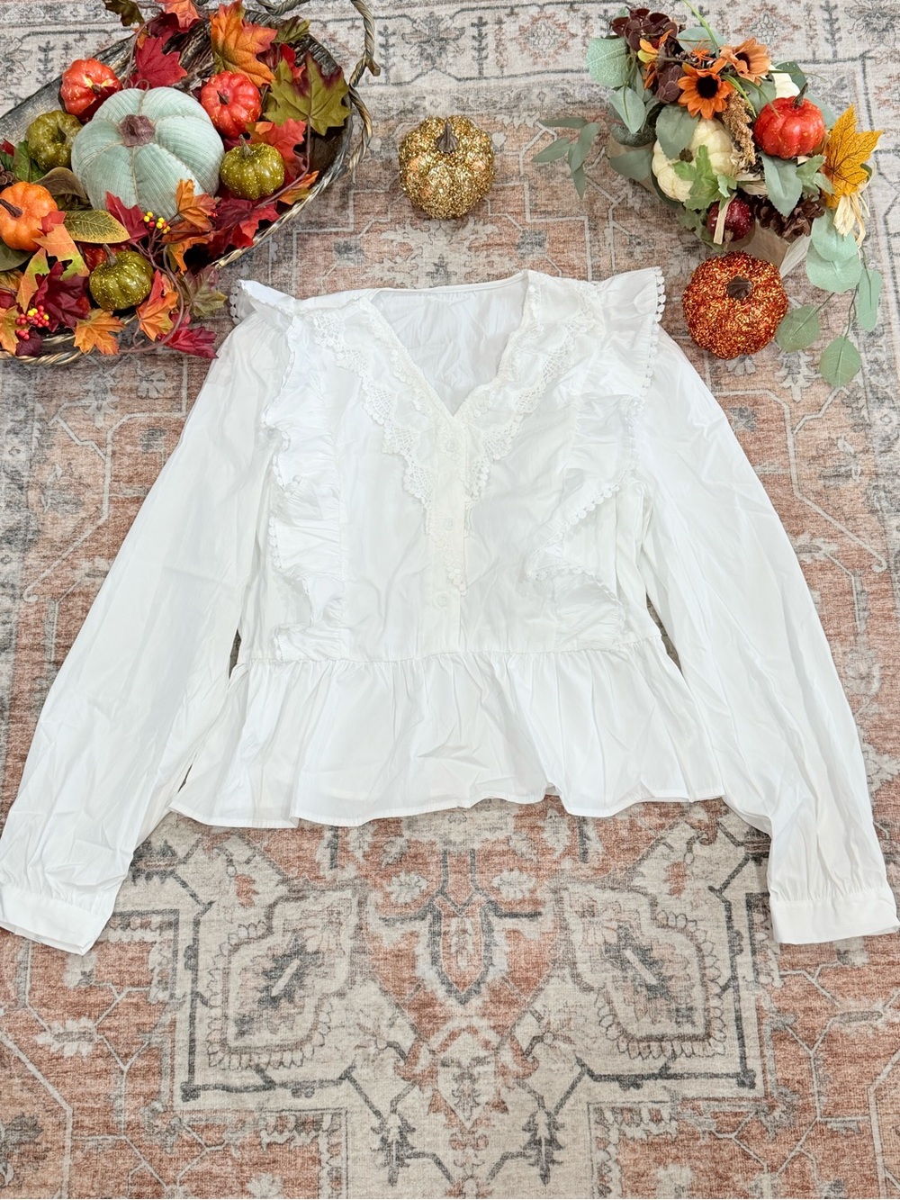 White Lace-Trim Peplum Blouse